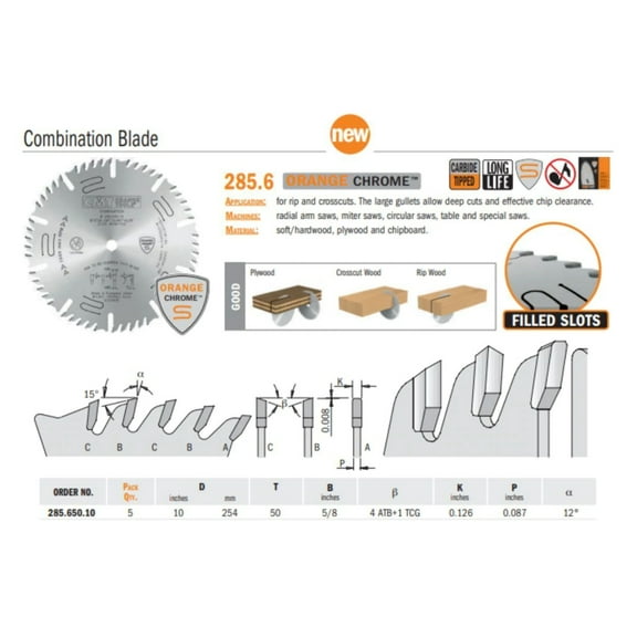 CMT 285.650.10 Orange Chrome Combination Blade 10" x T50 ATB+TCG