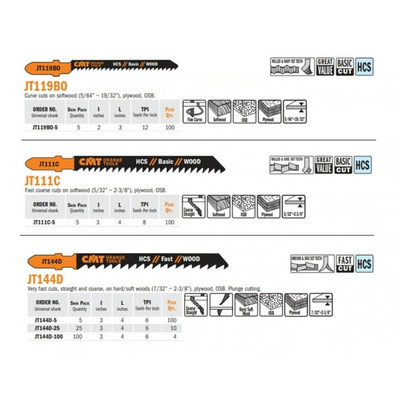 CMT Orange Tool JT119BO-5 JIG SAW BLADES WOOD/FINE CURVE , 5 Pack