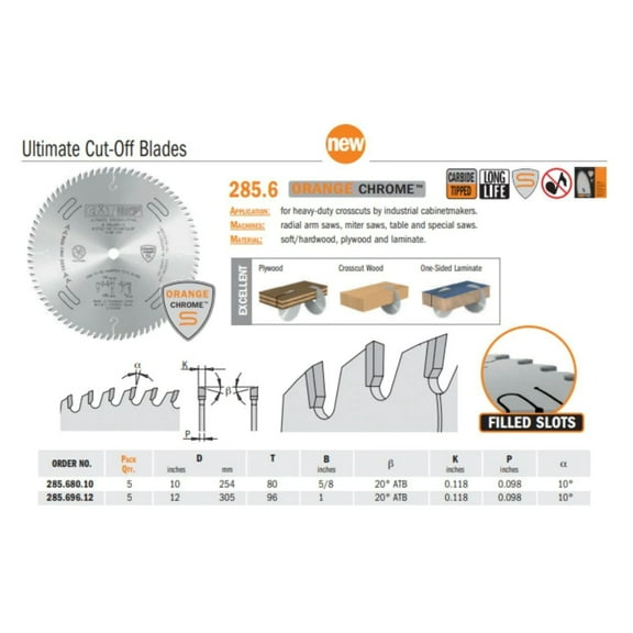 CMT Orange Tools 285.680.10 Orange Chrome Ultimate CROSSCUTTING Blade 10" x T80 ATB