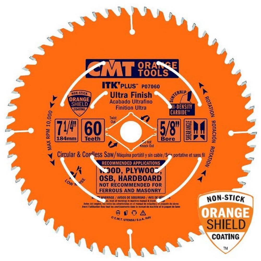 CMT P07060 ITK Plus Ultra Finish Saw Blade, 7-1/4 x 60 Teeth, 10° ATB+Shear with 5/8-Inch