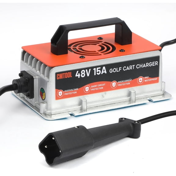 CMTOOL 48V 15A Golf Cart Battery Charger for Yamaha G29 with 3-Pin Leaf Plug, 7-Stage Smart Charging & Auto Trickle, IP67 Waterproof for Drive & Drive2, Orange