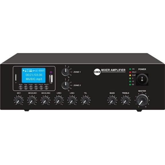 CMX Audio EA-30T 2-Zone Mixer Amplifier, Black; Mp3 Player with USB/SD Input on Front Panel; FM Radio and Bluetooth; LED Indicators; Telephone Input; 230V AC/24V DC; 30W Rated Power Output