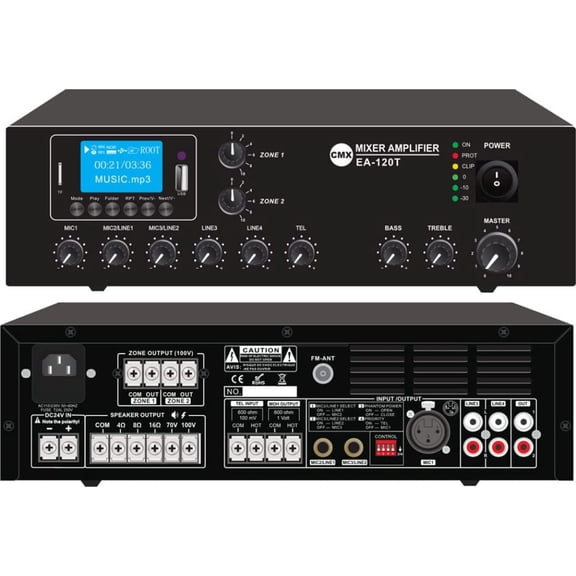 CMX Audio EA-60T 2 Zone Mixer Amplifier, Black; USB/SD/BT/; 60W Rated Output; 100V or 70V & 4 Ohm-8 Ohm-16 Ohm Speaker Output; 230V AC & 24V DC Both Power Supply System