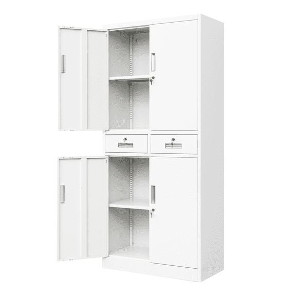 CMY Metal Storage Cabinet, 71" H x 32" W x 16" D Locking Cabinet with Adjustable Shelves and 2 Drawers, Metal Storage Cabinet with Lock for Office, Garage, Home, School-White