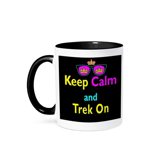 3dRose, CMYK Keep Calm Parody Hipster Crown And Sunglasses Keep Calm And Trek On, 15oz Two-Tone Black Mug