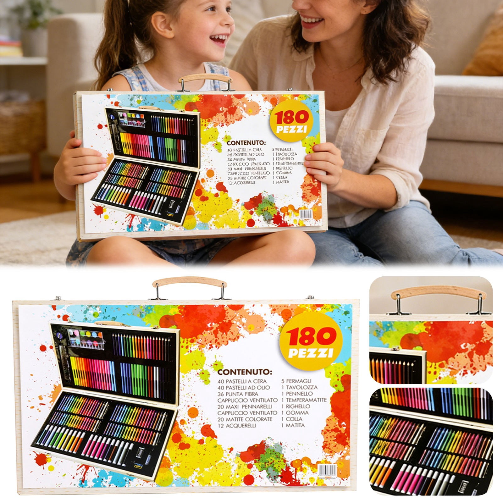 CMYYNNA 180 Piece Deluxe Art Set,Wooden Box & Drawing Kit with Crayons,Oil Pastels,Colored Pencils,Watercolor Cakes,Sketch Pencils,Paint Brush,Sharpener,Eraser,Color Chart (Cherry)