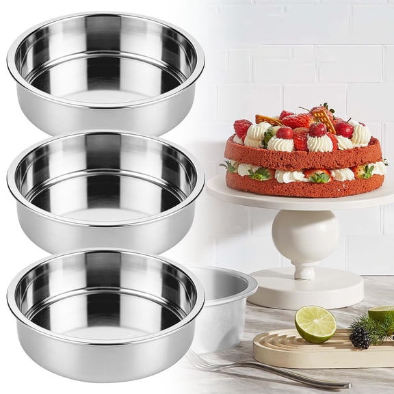 CMYYNNA 3pcs Stainless Steel Cake Pans - 8 Inch Round Layer Cake Baking Pan Molds,Stackable Even Heating Baking Set,Dishwasher Safe Bakeware Tins for Home Bakers,Birthday Party Wedding(6.5x1.77in)