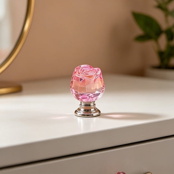 CMYYNNA Crystal Mini Pull Knobs, 1pcs Flower Shaped Self-Stick Instant Handle No Drilling Decorative Knobs for Closet Box Gift Case and Other Small Furniture/Pink