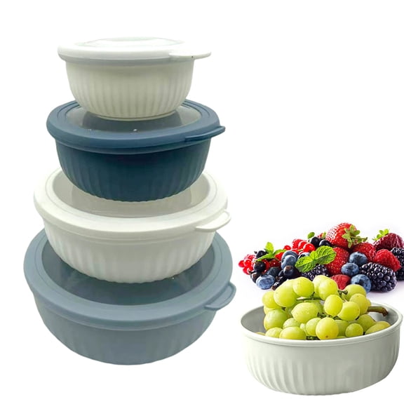 CMYYNNA Prep Bowls with Lids- Wide and Deep Nesting Plastic Small Mixing Bowl Set with Lids,4 Piece Set - Wide Bowls,Blue White1