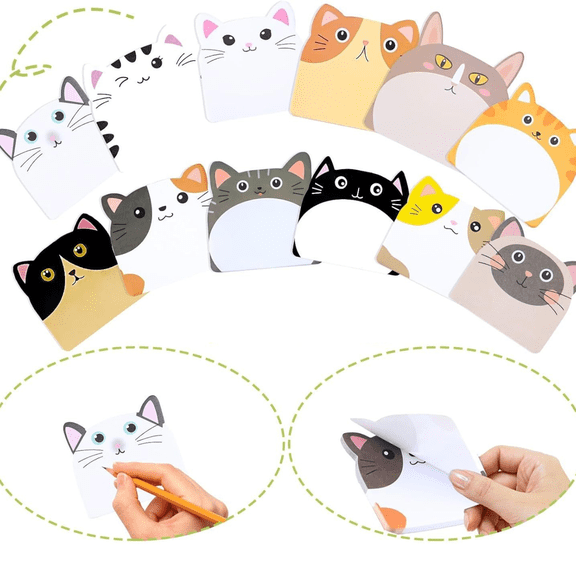 CMYYNNA12 Pads Cute Cat Sticky Notes Kawaii Animal Sticky Notes Pads Bulk Fun Cartoon Memo Pad Self Adhesive Tab Back to Gift for Teacher Veterinary Cat Office Supplies