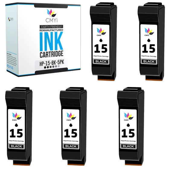 CMYi 15 Black 5-Pack Ink Cartridge Compatible for HP 15 - OfficeJet 1510A2L, 5110, 5110A2l, 5110v, 5110xi, V30, V40, V40Xi, V45 (5 Black)
