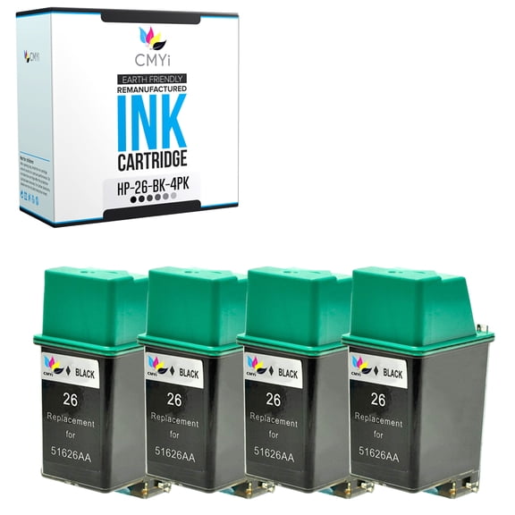 CMYi 26 Black 4-Pack Ink Cartridge Compatible for HP 26 DeskJet 400 400L 420 420C 500 500C 500P 510 520 540 540c 550 550C 560 560C Plus FAX 200 200vp 300 310 700 700vp 750 800 900 900vp 950 (4 Black)
