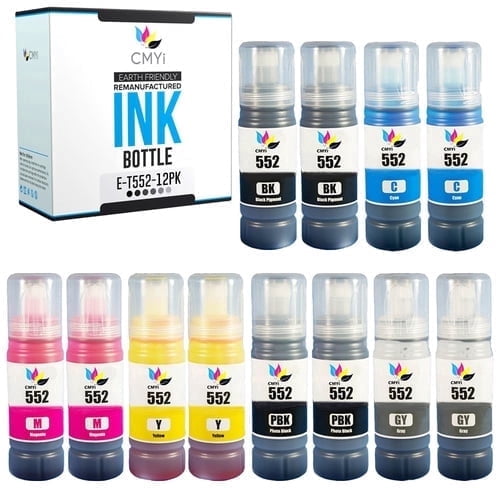 CMYi 552 Compatible with Epson Ink Bottles for Printers, EcoTank Photo Series, Black, Cyan, Magenta, Yellow, Photo Black, Gray, 12 Pack