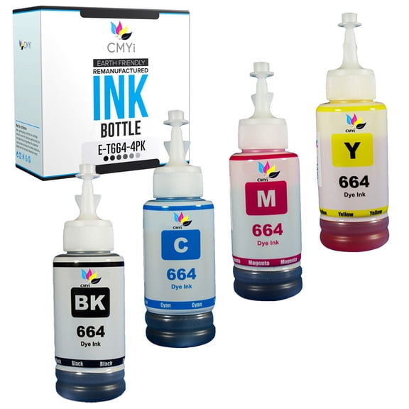 CMYi 664 Combo Pack of 4 Ink Bottles compatible for Epson 664 - EcoTank ET-14000, L100, L110, L120, L1300, L200, L210, L220, L300, L3050, L3060, L3070, L310 (1 Black, 1 Cyan, 1 Magenta, 1 Yellow)