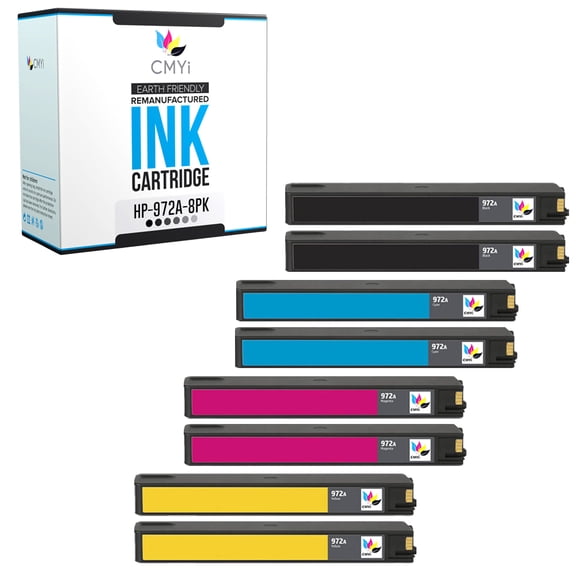 CMYi 972A Combo Pack of 8 Ink Cartridges Compatible for HP 972A - PageWide 377dn, Managed P55250dw, Managed P57750dw, Pro 352dn, Pro 452dn, Pro 452dw, Pro 452dwt (2 each Black, Cyan, Magenta, Yellow)