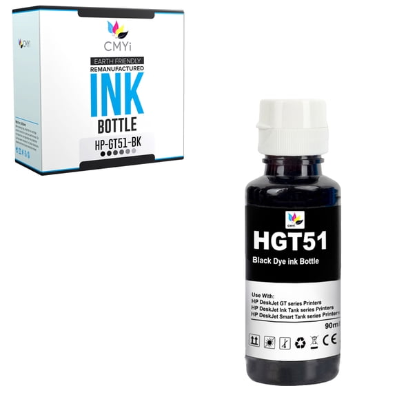 CMYi GT51 Black 1-Pack Ink Bottle Compatible for HP DeskJet Series GT 5810 GT 5811 GT 5820 GT 5821 GT 5822 Ink Tank Series 115 116 310 315 318 319 410 412 415 416 418 419 (1 Black)