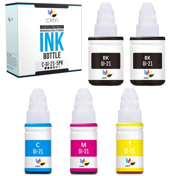 CMYi GI-21 Combo Pack of 5 Ink Bottles Compatible with Canon GI-21 Inkjet Printer (2 Black, 1 Cyan, 1 Magenta, 1 Yellow)