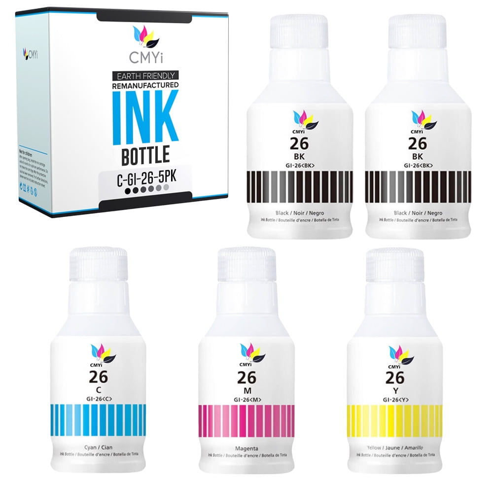 CMYi GI-26 Combo Pack of 5 Inkjet Printer Ink Bottles Replacement Compatible for Canon, 2 Black, 1 Cyan, 1 Magenta, 1 Yellow