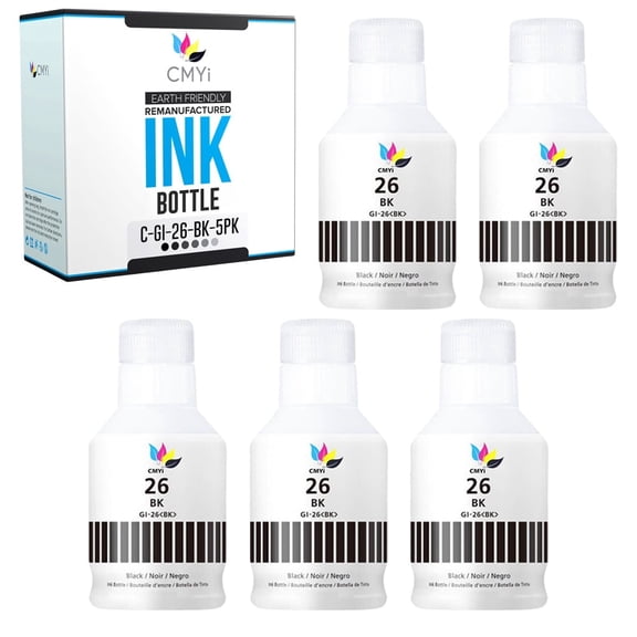 CMYi GI-26 Black 5-Pack Ink Bottles Compatible for Canon GI-26 - MAXIFY GX3020, GX4020, GX5020, GX5520X, GX5550, GX6020, GX6021, GX6040, GX7020, GX7021, GX7040 (5 Black)