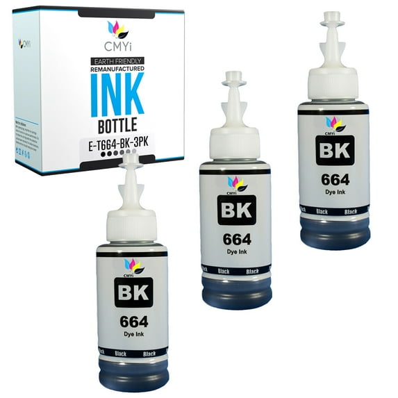CMYi 664 Black 3-Pack Ink Bottles compatible for Epson 664 - EcoTank ET-14000, L100, L110, L120, L1300, L200, L210, L220, L300, L3050, L3060, L3070, L310, L335, L350, L355, L364, L365, L382 (3 Black)
