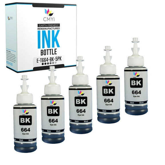 CMYi 664 Black 5-Pack Ink Bottles compatible for Epson 664 - EcoTank L386, L455, L486, L550, L555, L565, Expression ET-2500, ET-2550, ET-2600, ET-2650, ET-3600, WorkForce ET-16500, ET-4500 (5 Black)