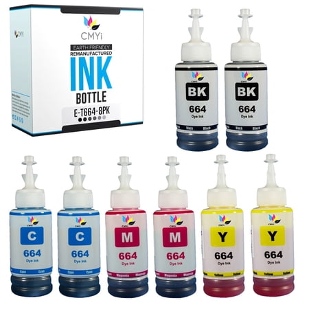 CMYi 664 Combo Pack of 8 Ink Bottles Compatible for Epson EcoTank Printers (2 Black, 2 Cyan, 2 Magenta, 2 Yellow)