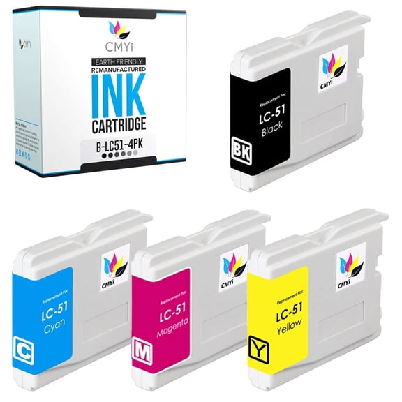 CMYi LC51 Combo Pack of 4 Inkjet Printer Ink Cartridges Compatible for Brother LC51, 1 Black, 1 Cyan, 1 Magenta, 1 Yellow