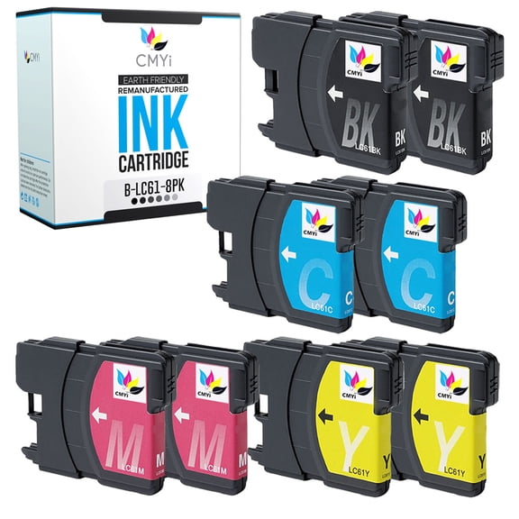 CMYi LC61 Combo Pack of 8 Ink Cartridges compatible for Brother LC61 - DCP 195C, 197C, 365CN, 395CN, J140W, J715W, MFC J220, J265W, J270W, J410W, J415W, J630W (2 Black, 2 Cyan, 2 Magenta, 2 Yellow)