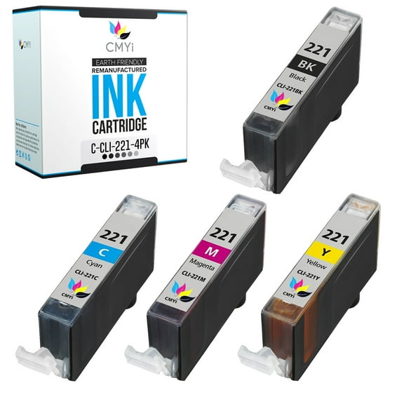 CMYi CLI-221 Combo Pack of 4 Ink Cartridges compatible for Canon CLI-221 - PIXMA iP3600, iP4600, iP4700, MP540, MP560, MP620, MP620B, MP640, MP640R, MP980 (1 Black, 1 Cyan, 1 Magenta, 1 Yellow)