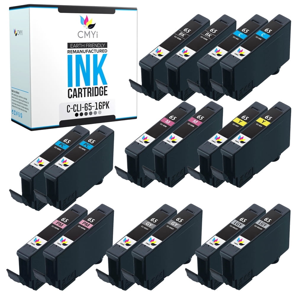 CMYi 65 Inkjet Printer Ink Cartridges Compatible for Canon CLI-65, Black, Cyan, Magenta, Yellow, Photo Cyan, Photo Magenta, Gray, Light Gray, 16 Pack