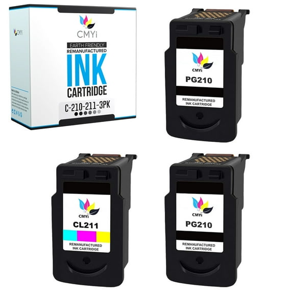CMYi PG-210 CL-211 Combo Pack of 3 Inkjet Printer Ink Cartridges Compatible for Canon, 2 Black, 1 Tri-color