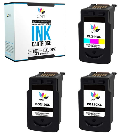 CMYi Combo Pack of 3 Inkjet Printer Ink Cartridges Compatible for Canon PG-210XL and CL-211XL, 2 Black, 1 Tri-color