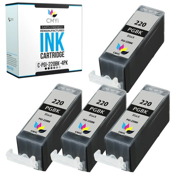CMYi PGI-220 Pigment Black 4-Pack Ink Cartridges compatible for Canon PGI-220 - PIXMA iP3600, iP4600, iP4700, MP540, MP560, MP620, MP620B, MP640, MP640R, MP980, MP990, MX860, MX870 (4 Pigment Black)
