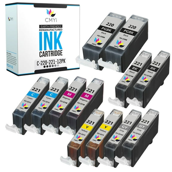 CMYi PGI-220 CLI-221 Combo Pack of 12 Ink Cartridges compatible for Canon PGI-220 and CLI-221 - PIXMA MP640, MP980, MP990 (2 Pigment Black, 2 Black, 2 Cyan, 2 Magenta, 2 Yellow, 2 Gray)