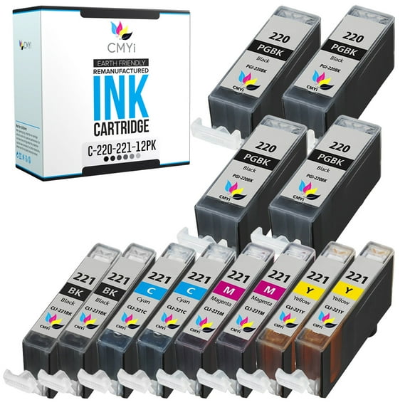 CMYi PGI-220 CLI-221 Combo Pack of 12 Ink Cartridges compatible for Canon PGI-220 and CLI-221 - PIXMA iP3600, iP4700, MP540, MP640R, SFP1, SFP2 (4 Pigment Black, 2 Black, 2 Cyan, 2 Magenta, 2 Yellow)