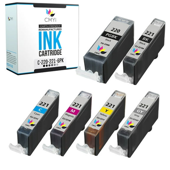 CMYi PGI-220 CLI-221 Combo Pack of 6 Ink Cartridges compatible for Canon PGI-220 and CLI-221 - PIXMA MP640, MP980, MP990 (1 Pigment Black, 1 Black, 1 Cyan, 1 Magenta, 1 Yellow, 1 Gray)