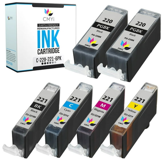 CMYi PGI-220 CLI-221 Combo Pack of 6 Ink Cartridges compatible for Canon PGI-220 and CLI-221 - PIXMA iP3600, iP4600, PMFP1, PMFP3, SFP1, SFP2 (2 Pigment Black, 1 Black, 1 Cyan, 1 Magenta, 1 Yellow)