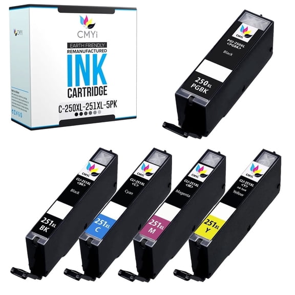 CMYi Color Ink Cartridges for Printer Compatible with Canon Pixma, PGI-250XL and CLI-251XL (1 Pigment Black, 1 Black, 1 Cyan, 1 Magenta, 1 Yellow)
