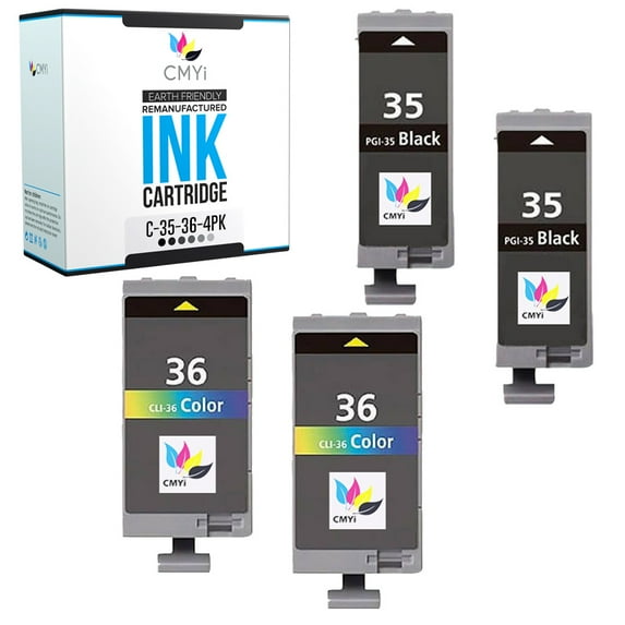 CMYi PGI-35 CLI-36 Combo Pack of 4 Ink Cartridges compatible for Canon PGI-35 and CLI-36 - PIXMA iP100, iP110, mini260, mini320, mini360, TR150 (2 Black, 2 Tri-color)