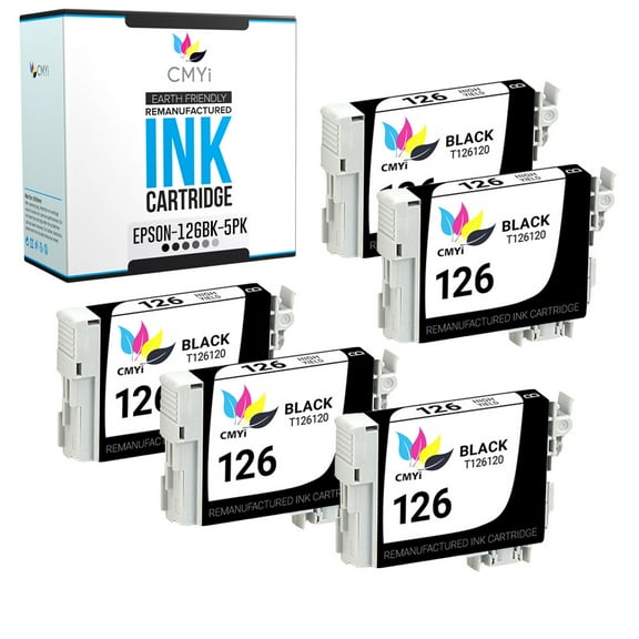 CMYi Black Ink Cartridges Compatible for Epson 126 Stylus and WorkForce Series Inkjet Printers, 5 Pack