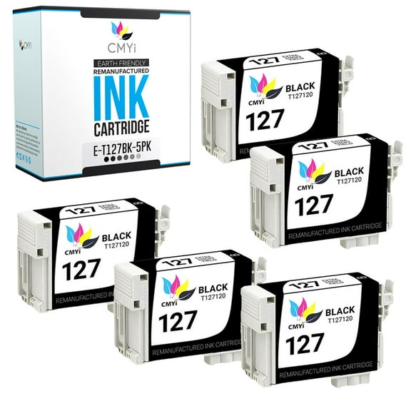 CMYi 127 Black 5-Pack Ink Cartridges compatible for Epson 127 - WorkForce 545, 60, 630, 633, 635, 645, 840, 845, WF-3520, WF-3530, WF-3540, WF-7010, WF-7510, WF-7520, Stylus NX530, NX625 (5 Black)