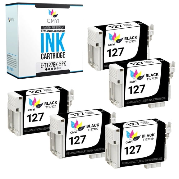 CMYi Epson T127 Black Ink Cartridges Compatible for Epson 127- WorkForce, Stylus Series Printers (5-Pack)