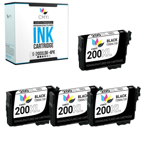 CMYi 200XL Black 4-Pack Ink Cartridges compatible for Epson 200XL - Expression XP-200, XP-300, XP-310, XP-400, XP-410, WorkForce WF-2520, WF-2530, WF-2540 (4 Black)
