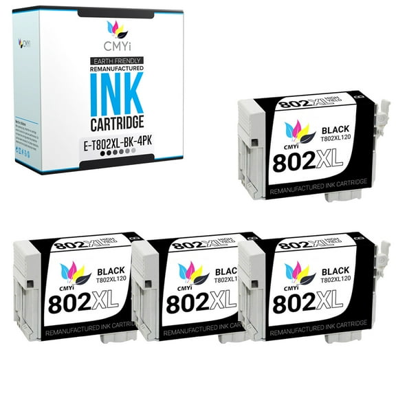 CMYi 802XL Black 4-Pack Ink Cartridges compatible for Epson 802XL - WorkForce Pro EC-4020, EC-4030, EC-4040, WF-4720, WF-4730, WF-4734, WF-4740, WF-4740DWF (4 Black)