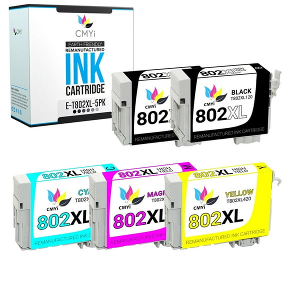CMYi 802XL Combo Pack of 5 Ink Cartridges compatible for Epson 802XL - WorkForce Pro EC-4020, EC-4030, EC-4040, WF-4720, WF-4730, WF-4734, WF-4740, WF-4740DWF (2 Black, 1 Cyan, 1 Magenta, 1 Yellow)