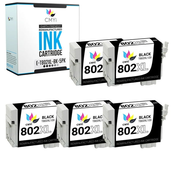 CMYi 802XL Black 5-Pack Ink Cartridges compatible for Epson 802XL - WorkForce Pro EC-4020, EC-4030, EC-4040, WF-4720, WF-4730, WF-4734, WF-4740, WF-4740DWF (5 Black)