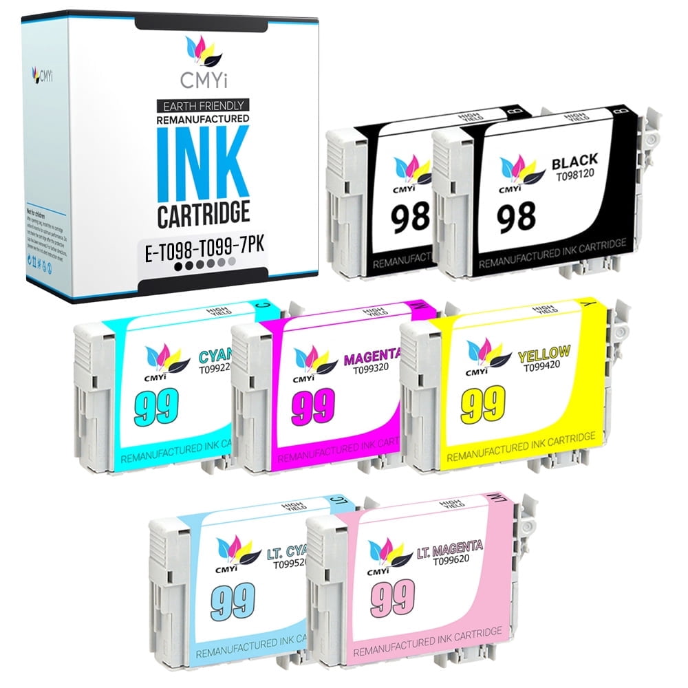 CMYi 98 99 Combo Pack of 7 Ink Cartridges Compatible with Epson 98 99 Inkjet Printers (2 Black, 1 each Cyan, Magenta, Yellow, Light Cyan, Light Magenta)