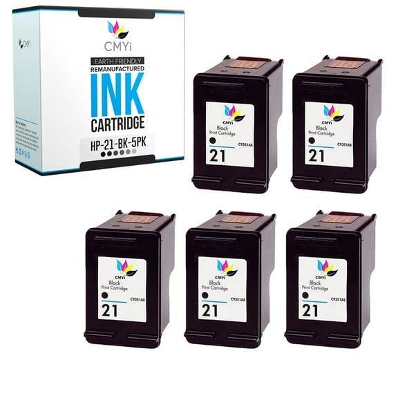 CMYi 21 Black 5-Pack Ink Cartridges compatible for HP 21 - DeskJet F2224, F2235, F2238, F2240, F2250, F2275, F2276, F2280, F2288, F2290, F300, F310, F325, F335, F340, F350, F370, F375, F378 (5 Black)