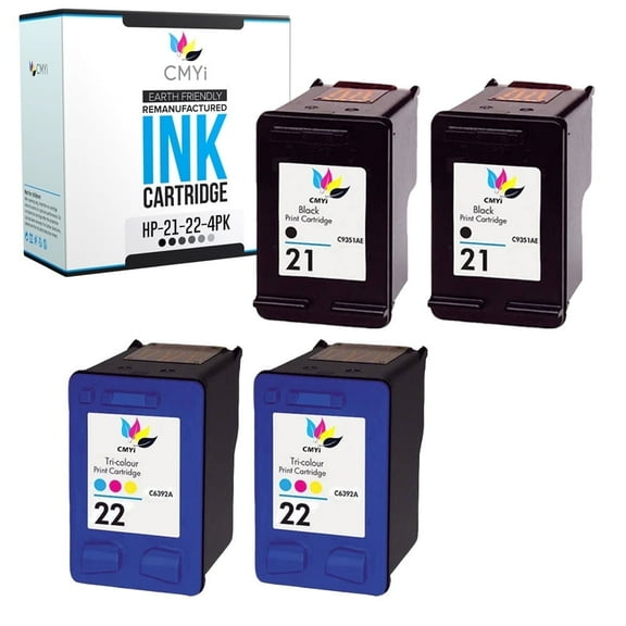 CMYi 21 and 22 Combo Ink Cartridges Compatible for HP Deskjet Printer, 2 Black, 2 Tri-color