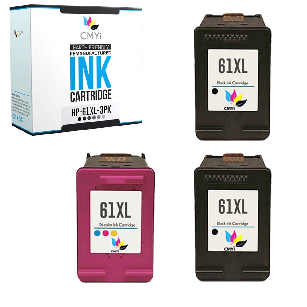CMYi Combo Pack of Color Printer Inks Compatible with 61XL Ink Cartridges - Deskjet, Envy & Officejet Series Printers (2 Black, 1 Tri-Color)